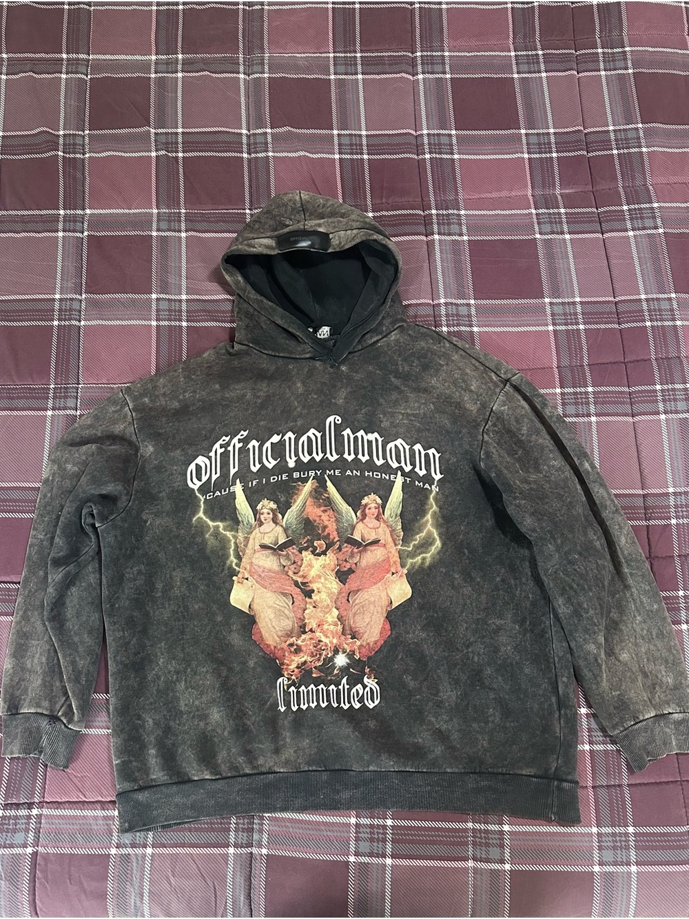 Washed Black Angel Graphic Pullover Hoodie - Men's